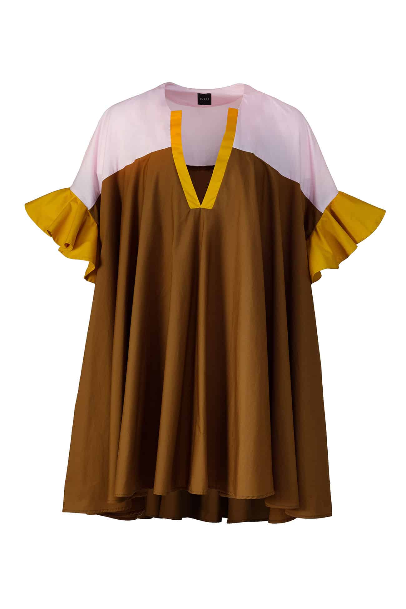 V neck cotton paneled smock dress with flutter sleeves